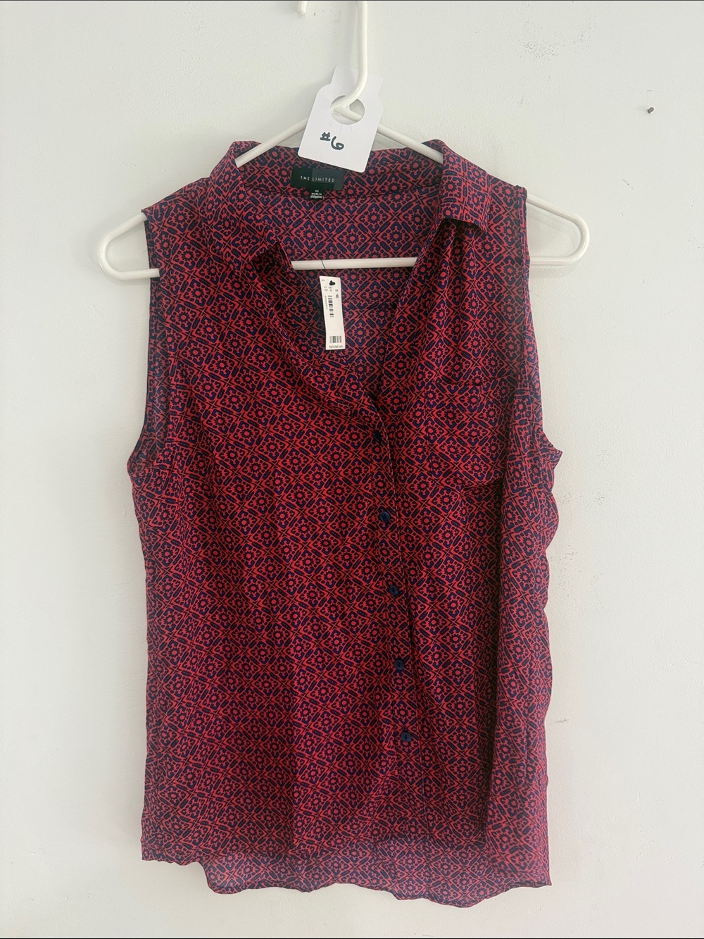 The Limited Sleeveless Button-Front Camisole in Red and Navy Geometric